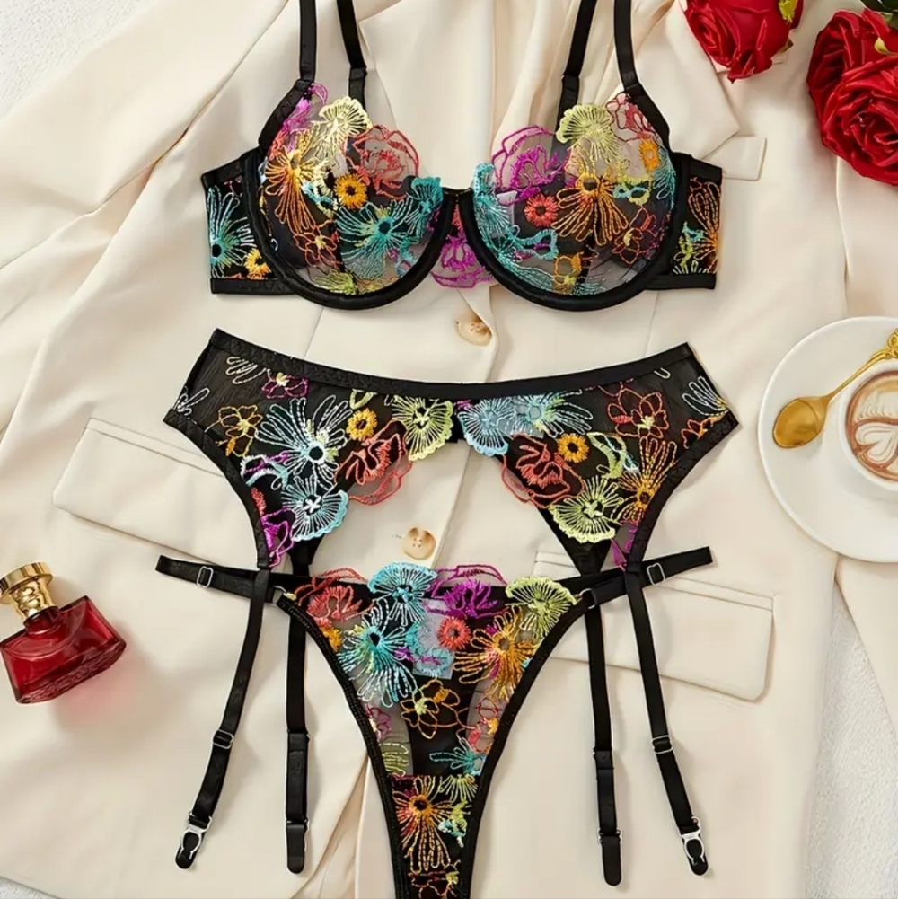 3pc Vibrant Multicolor Floral Embroidered Sexy Black Mesh Lingerie Set (L/XL)